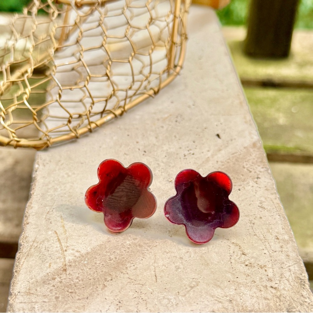 Vintage Ruby Red Transulcent Resin Flower Clip on Earrings